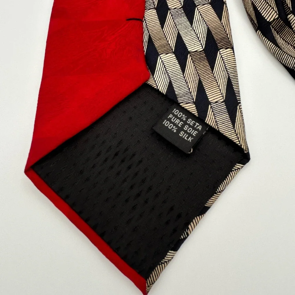 Ottimo Uomo Necktie Geometric Patchwork Mens OS Red Silk Vintage Abstract 90s